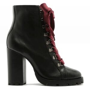 Schutz Zhara Bootie 6.5 Black Block Heel Lace Up High Heel Boot Chic Leather